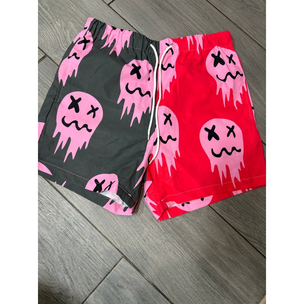 SHEIN Mens Melting Smiley Face Colorblock Swim Trunks Gym Shorts Pink Red Grey S